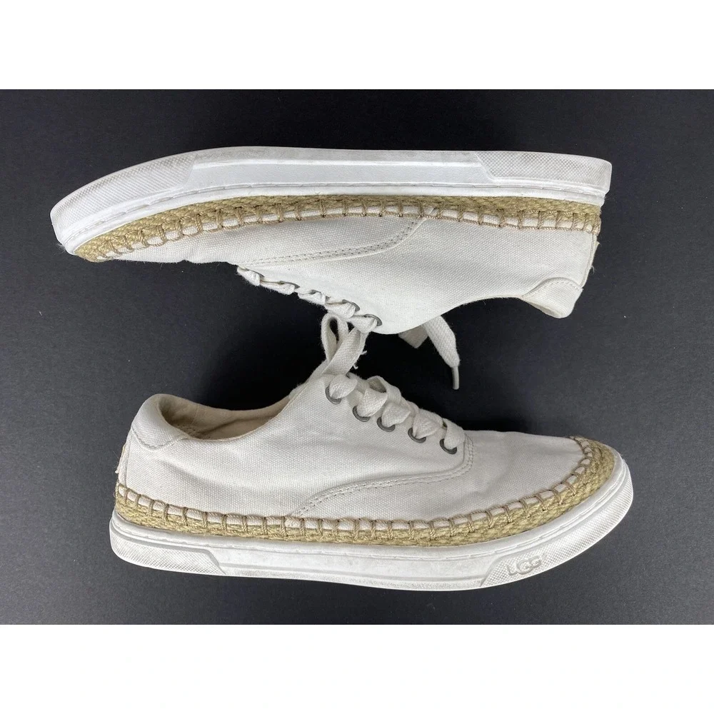 UGG Sneakers Girls Size 6 White Canvas‎ Lace Up Decorated Edge Fur Inside Heel